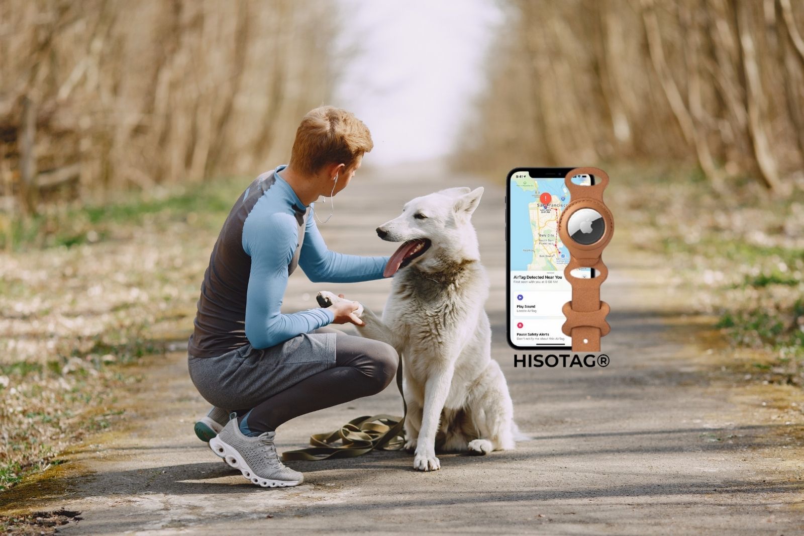 a man finding his lost white dog with hisotag